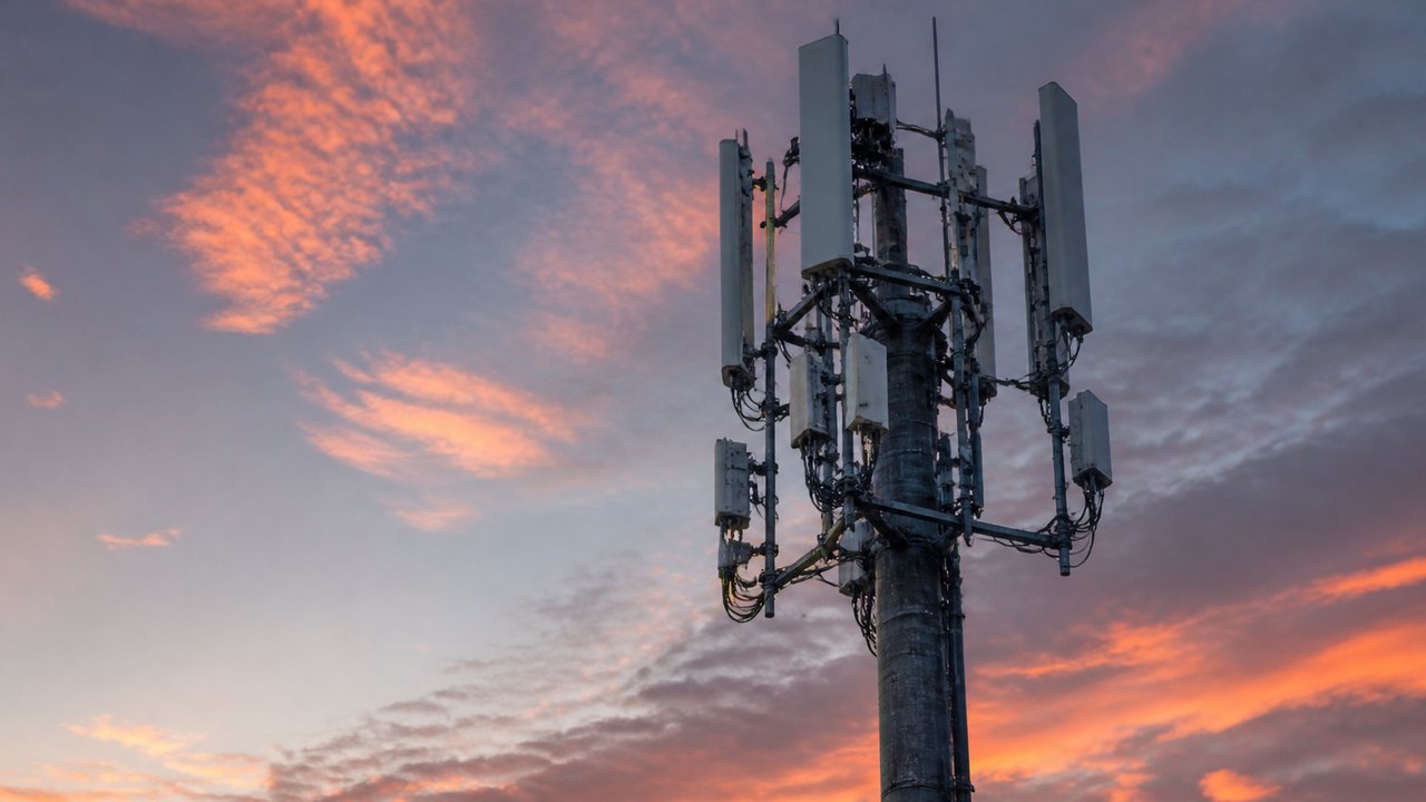 Alacakaranlıkta çoklu panel antenli baz istasyonu kulesi