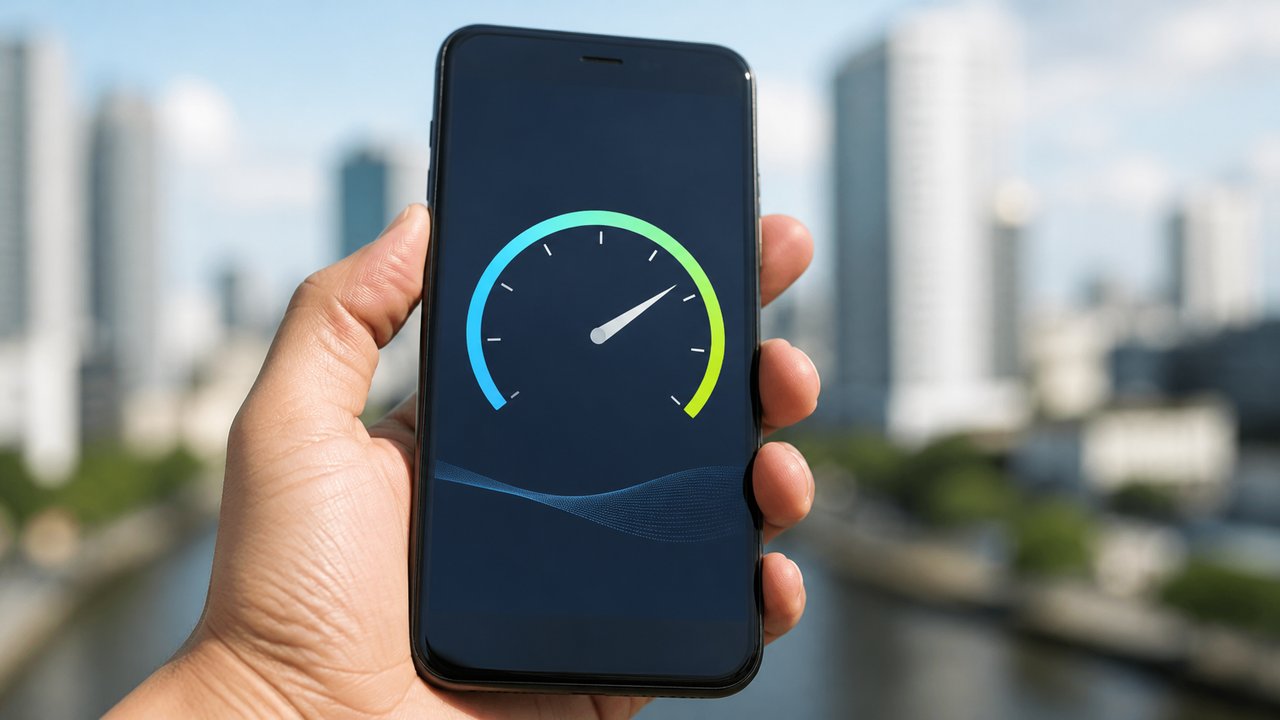Hız testi göstergesi açık akıllı telefonu tutan el