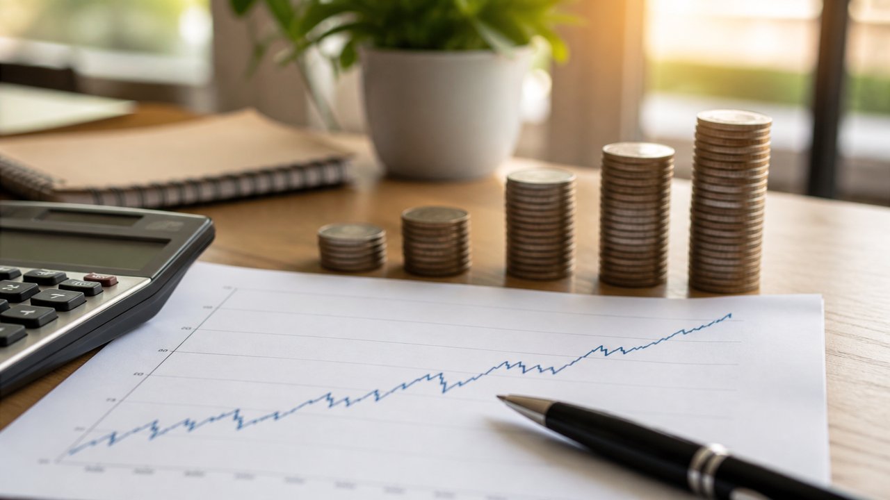 Yükselen grafik çizimi, hesap makinesi ve para kulelerinin bulunduğu masa