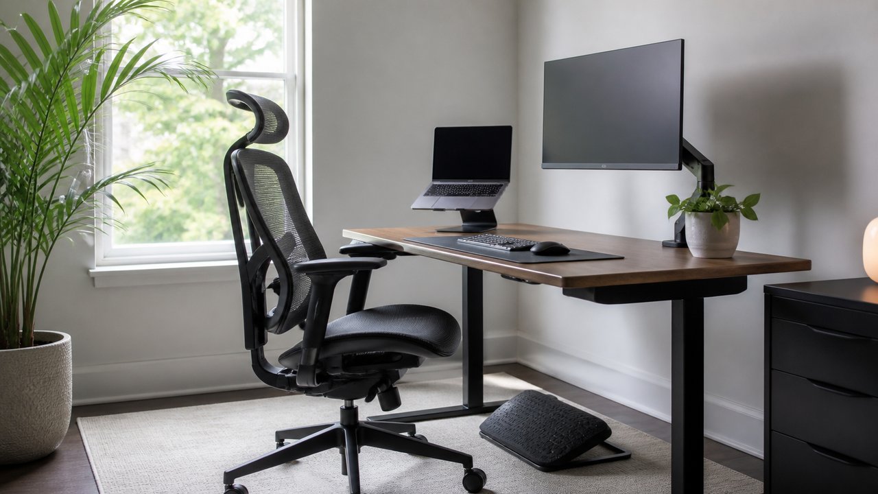 Ergonomik ofis koltuğu, yükseltilmiş ekran ve dizüstü bilgisayarın bulunduğu çalışma masası
