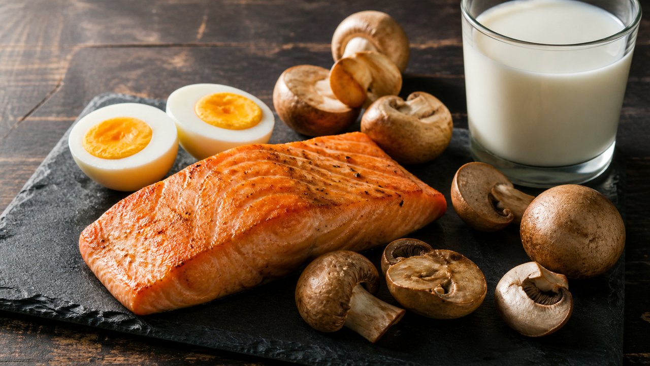 Somon, haşlanmış yumurta ve mantarın yer aldığı D vitamini kaynağı tabak