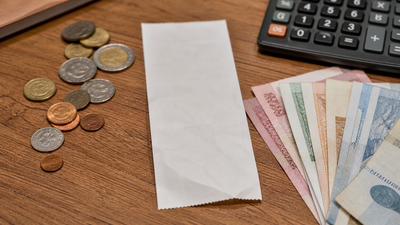 Ahşap masada market fişi, bozuk paralar ve hesap makinesi