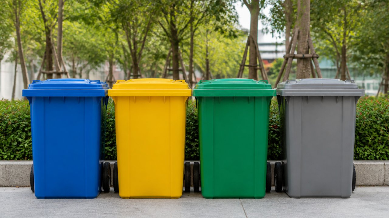 Cadde üzerinde yan yana renkli geri dönüşüm kutuları