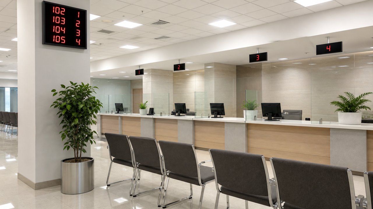 Modern bir banka şubesinin gişe ve bekleme alanı