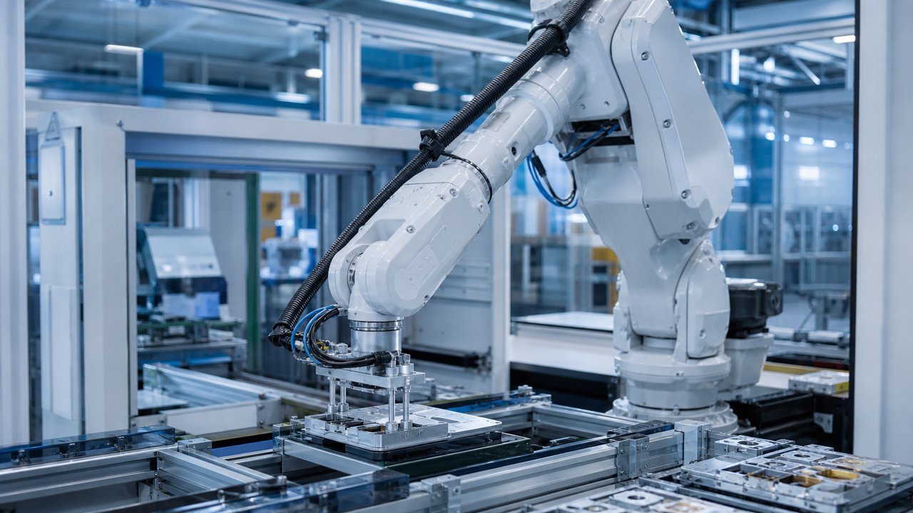 Fabrikada otomatik üretim hattında çalışan robot kol